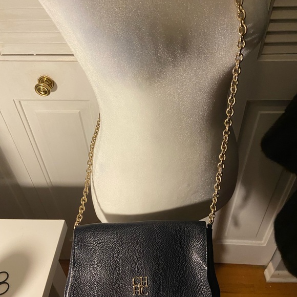 Rare Carolina Herrera Dark Blue Leather Clutch with Gold Chain - Picture 3 of 9
